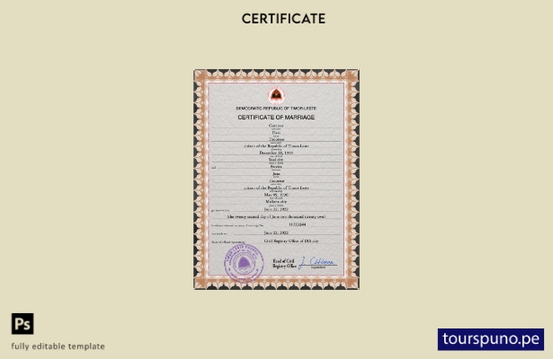 listo para imprimir plantilla PSD de certificado de matrimonio de Timor Leste